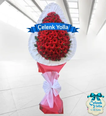Kırmızı Gerbera Ayaklı Çiçek Çelenk Sepeti