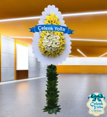 Sarı Beyaz Ayaklı Çelenk Sepeti Çelenk