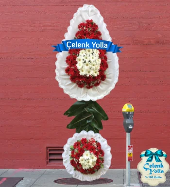 Çiftli Kırmızı Beyaz Ayaklı Çiçek Çelenk Sepeti